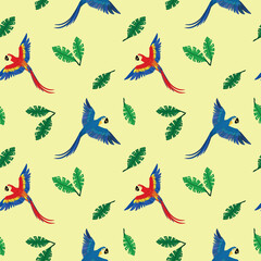 Vector seamless parrots pattern. Colorful flying parrots on yellow background. Vector red and blue Arara pattern, Vector red Macaw pattern, Vector red Ara. Macaws on yellow seamless pattern.