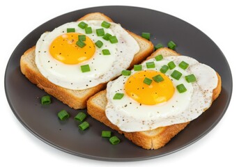 Two slices of toast topped with fried eggs and chopped green onions on a plate