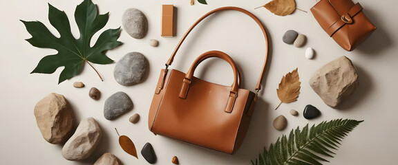 Obraz premium Fashion accessories showcase stylish handbags arranged with natural elements minimalist aesthetic creative photography
