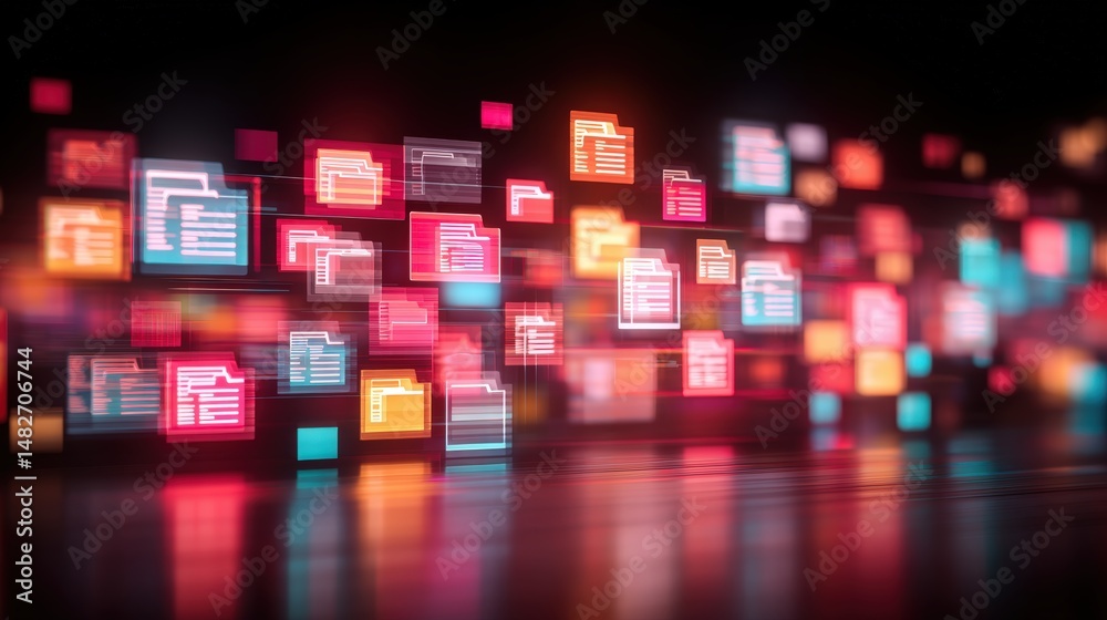 Poster abstract network grid with files and folders, futuristic software interface, digital document manage