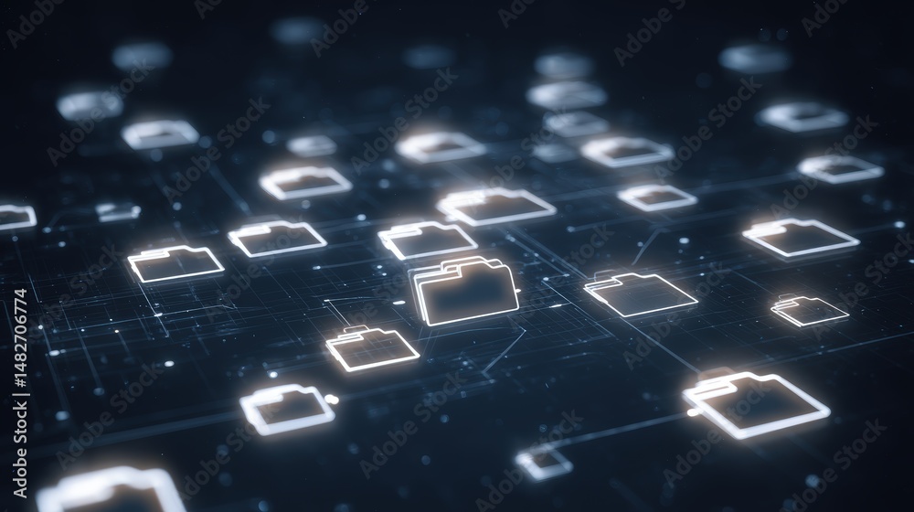 Poster abstract network grid with files and folders, futuristic software interface, digital document manage