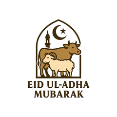 Beautiful Eid al-Adha Mubarak greeting design featuring a cow, a ram, a mosque dome, crescent moon, star, and a hanging lantern. Perfect for Islamic festival celebrations, Qurbani events, and Eid gree