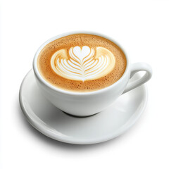 Latte Art Delight: A beautifully crafted latte, adorned with delicate coffee art, rests elegantly in a pristine white cup and saucer, inviting a moment of pure coffee indulgence.