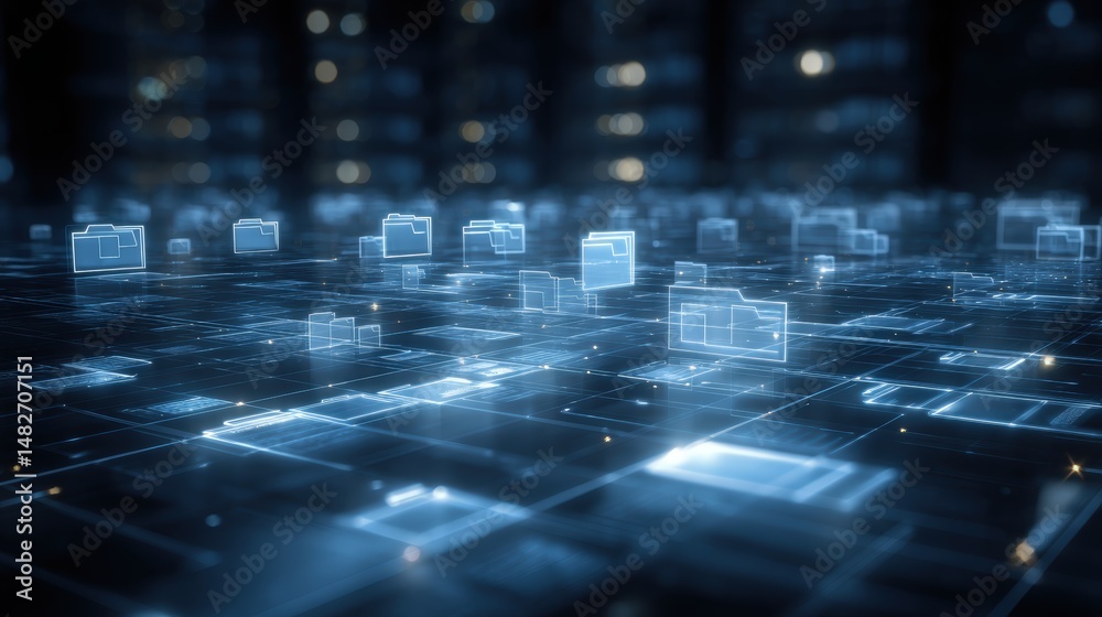 Poster abstract network grid with files and folders, futuristic software interface, digital document manage