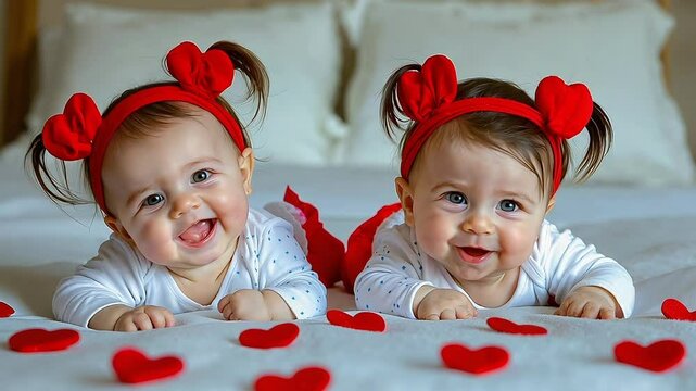 Two little girls laying on a bed with red hearts on the bed