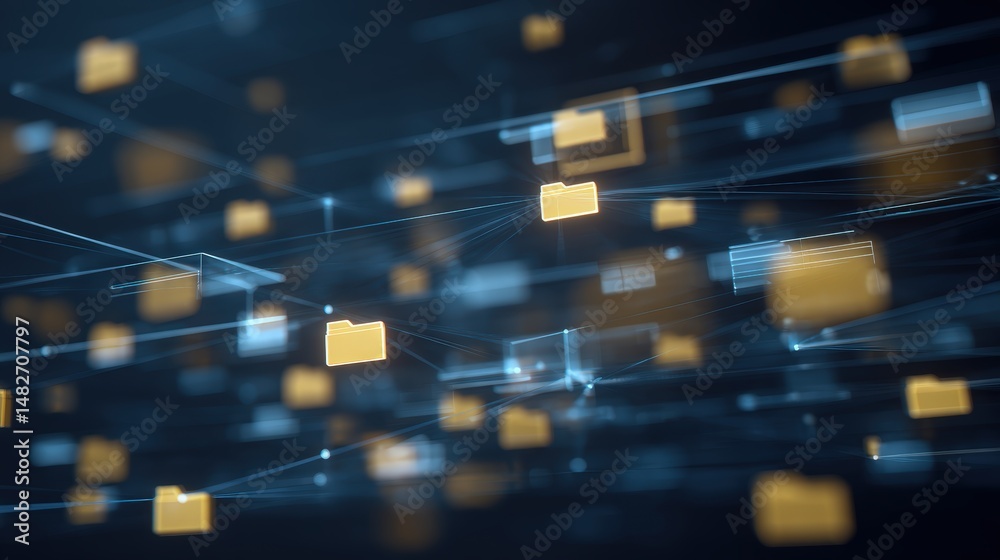 Poster abstract network grid with files and folders, futuristic software interface, digital document manage