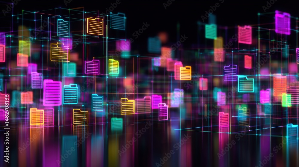 Poster abstract network grid with files and folders, futuristic software interface, digital document manage