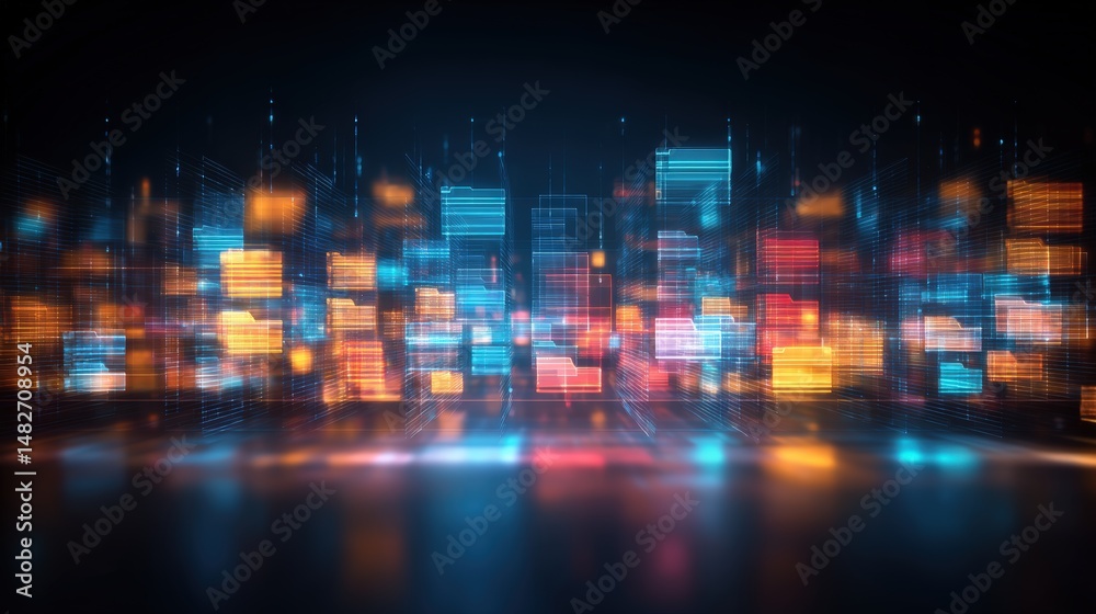 Poster abstract network grid with files and folders, futuristic software interface, digital document manage
