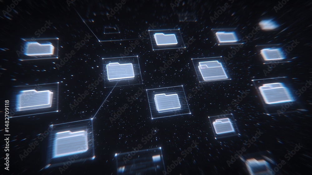 Poster abstract network grid with files and folders, futuristic software interface, digital document manage