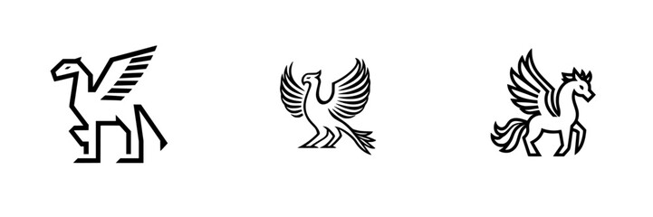 Stylized vector illustrations of mythical creatures featuring a griffin, phoenix, and unicorn