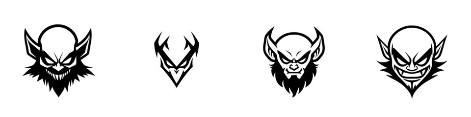 Obraz premium Vector illustration icons of various fierce and stylized monster heads in black and white design suitable for digital art and branding