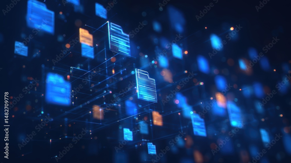 Poster abstract network grid with files and folders, futuristic software interface, digital document manage