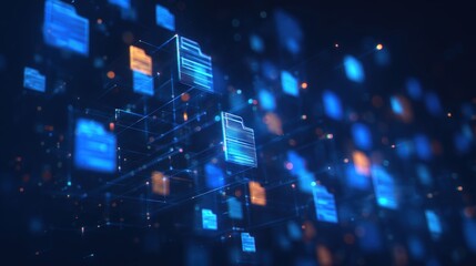 Fototapeta premium Abstract network grid with files and folders, futuristic software interface, digital document management system, store, search and organize documents, corporate business, paperless office. banner,