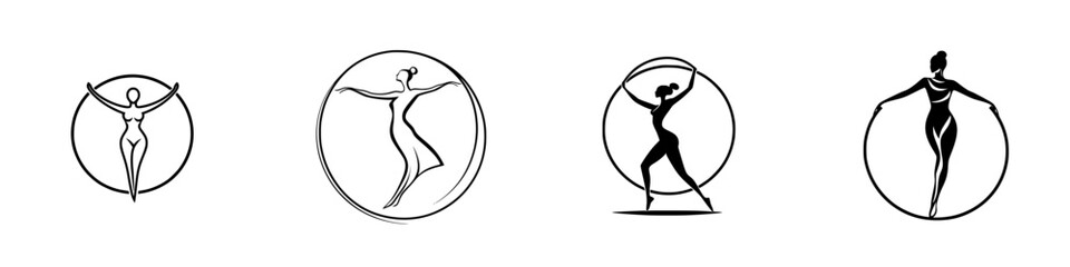 Elegant vector illustrations of various women interacting with circles in dynamic poses and graceful movements