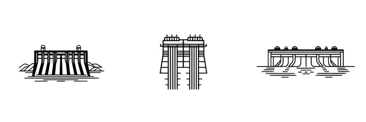 Vector illustration of three dam structures showcasing unique designs and functionalities in a minimalist style