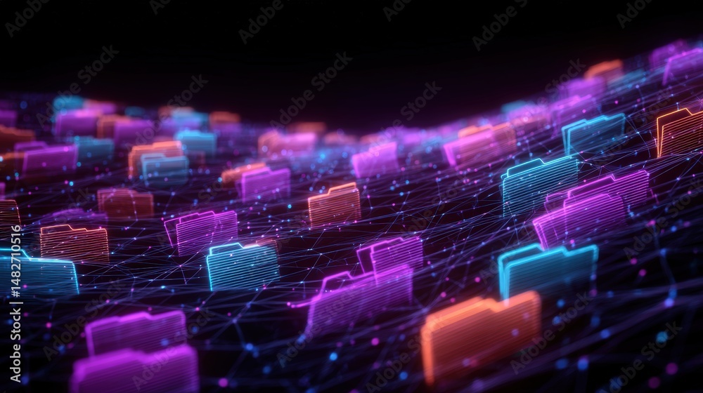 Poster abstract network grid with files and folders, futuristic software interface, digital document manage
