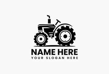 Simple black outline of historical agricultural tractor with distinctive wheels on white background. Farming equipment concept