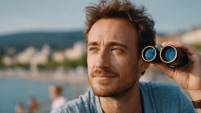 Man gazes afar with binoculars