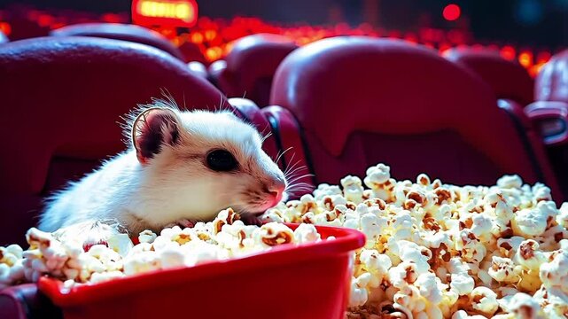 A hamster sitting in a bucket of popcorn in a movie theater