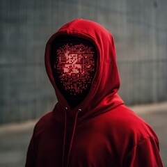 Mysterious Figure in Red Hoodie with Pixelated Face in Urban Setting