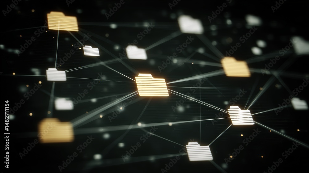 Poster abstract network grid with files and folders, futuristic software interface, digital document manage