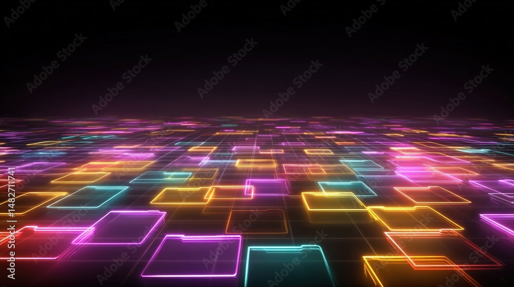Poster abstract network grid with files and folders, futuristic software interface, digital document manage