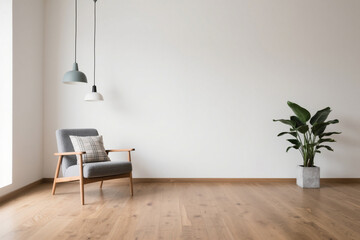 Modern minimalist interior design showcasing armchair pendant lights and a potted plant.