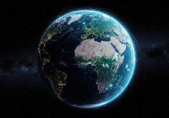 Fototapeta premium Earth view from space showing europe africa and south america with city lights