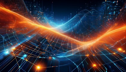 visually striking digital network illustration featuring interconnected nodes and lines glowing in vibrant orange and blue hues representing technology and data flow