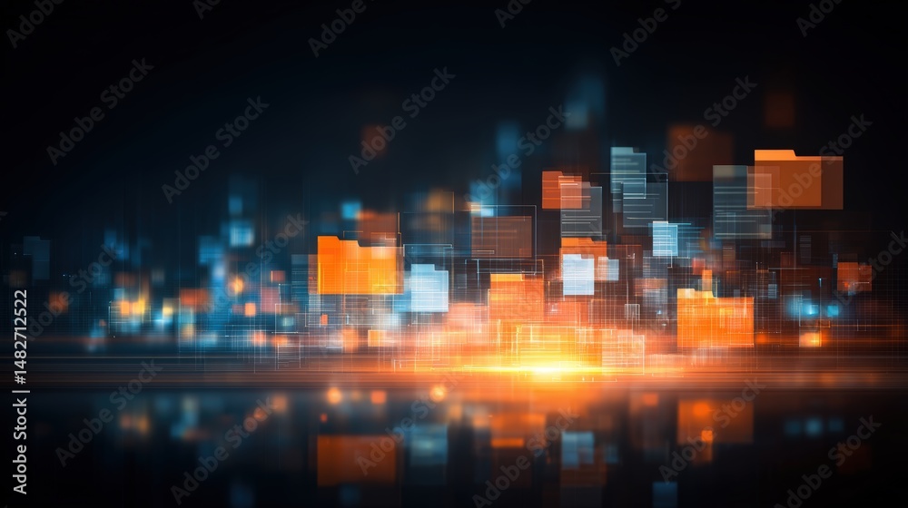 Poster abstract network grid with files and folders, futuristic software interface, digital document manage