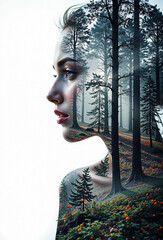 Double exposure of human profile with serene forest landscape inside - Generative AI
