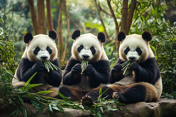 Obraz premium Three Giant Pandas Enjoying Bamboo Shoots in Their Natural Habitat