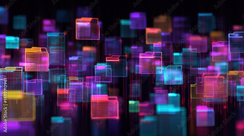 Poster abstract network grid with files and folders, futuristic software interface, digital document manage