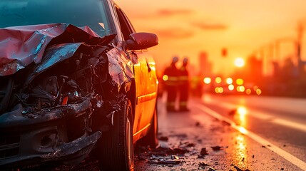 Damaged Car at Sunset Highway Accident Scene