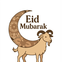 Beautiful Eid al-Adha Mubarak greeting design featuring a cow, a ram, a mosque dome, crescent moon, star, and a hanging lantern. Perfect for Islamic festival celebrations, Qurbani events, and Eid gree