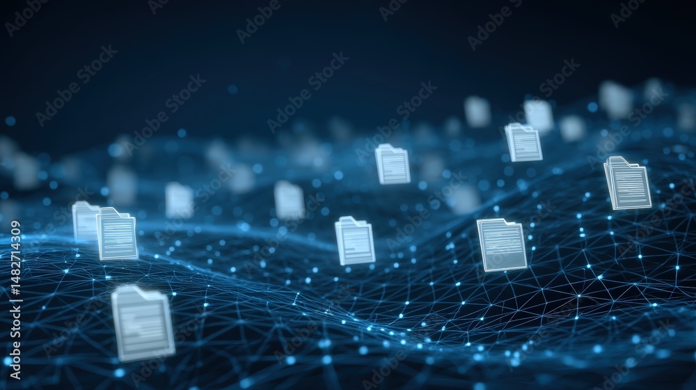 Poster abstract network grid with files and folders, futuristic software interface, digital document manage