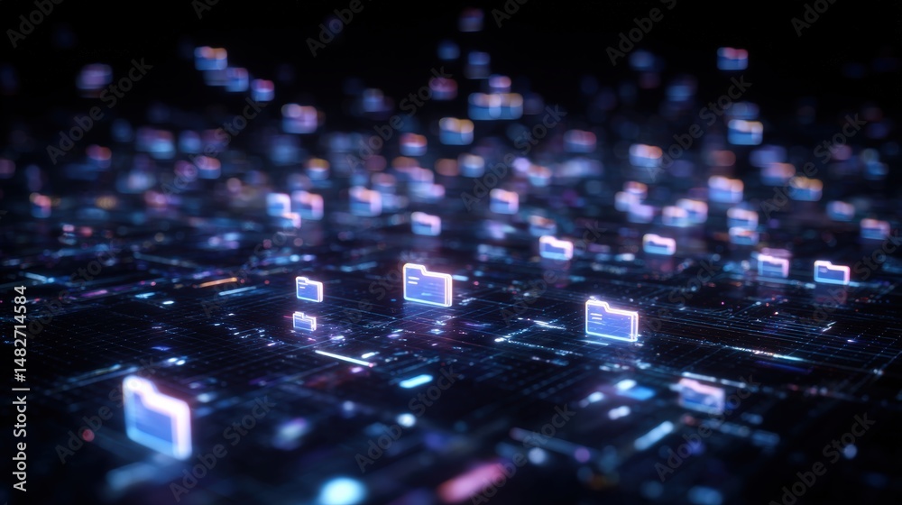 Poster abstract network grid with files and folders, futuristic software interface, digital document manage