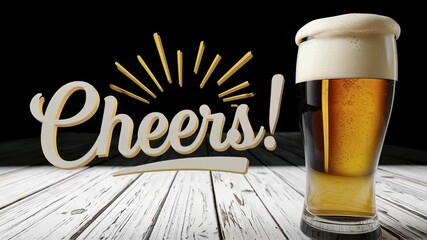 Cheers toast design layout with beer glass on wooden table. Celebration design element for pub bar logo or event flyer template for beer festival.