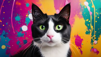 playful tuxedo cat with striking black and white fur gazes curiously at viewer surrounded by splash of artistic colors evoking sense of mischief and charm