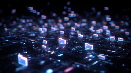 Fototapeta premium Abstract network grid with files and folders, futuristic software interface, digital document management system, store, search and organize documents, corporate business, paperless office. banner,