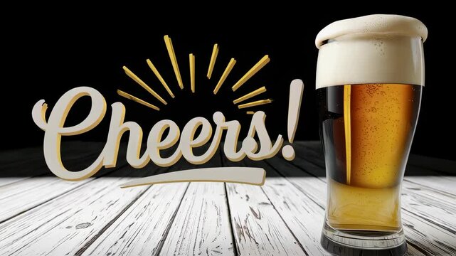 Cheers toast design layout with beer glass on wooden table. Celebration design element for pub bar logo or event flyer template for beer festival.