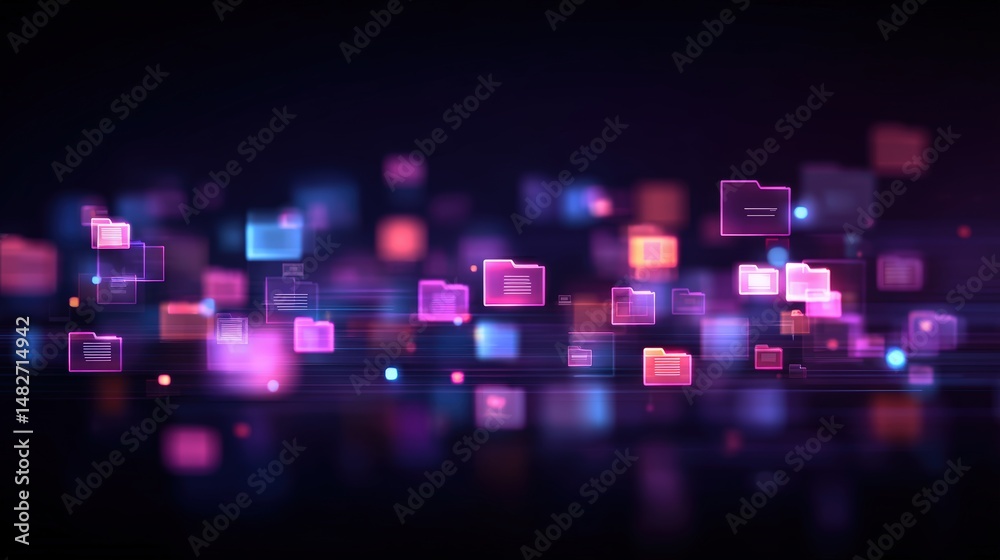 Poster abstract network grid with files and folders, futuristic software interface, digital document manage