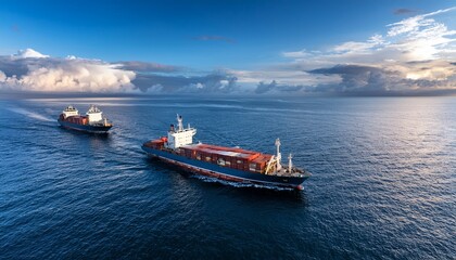 two cargo ships navigating together in calm waters with a background of overcast sky and subtle ocean waves