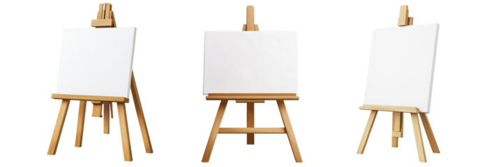 Set of a, white canvas on a wooden easel , isolated on transparent background.