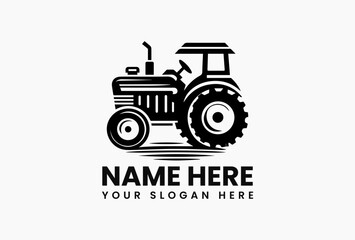 Minimalist black silhouette of antique farm tractor with oversized wheels on pure white background. Rural life concept