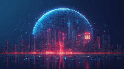 Fototapeta premium Futuristic Digital City Under Cyber Security Dome, Holographic Cityscape in Vector Illustration with Copy Space