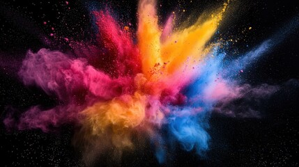 Naklejka premium vivid color powder erupts in dynamic patterns, set against a stark black background