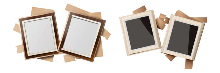 Set of a photo frames with brown tape, isolated on transparent background.