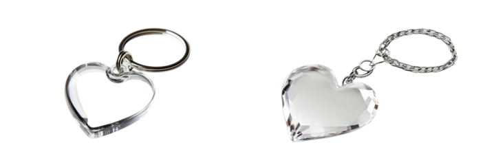 Set of a acrylic heart-shaped keychain, isolated on transparent background.