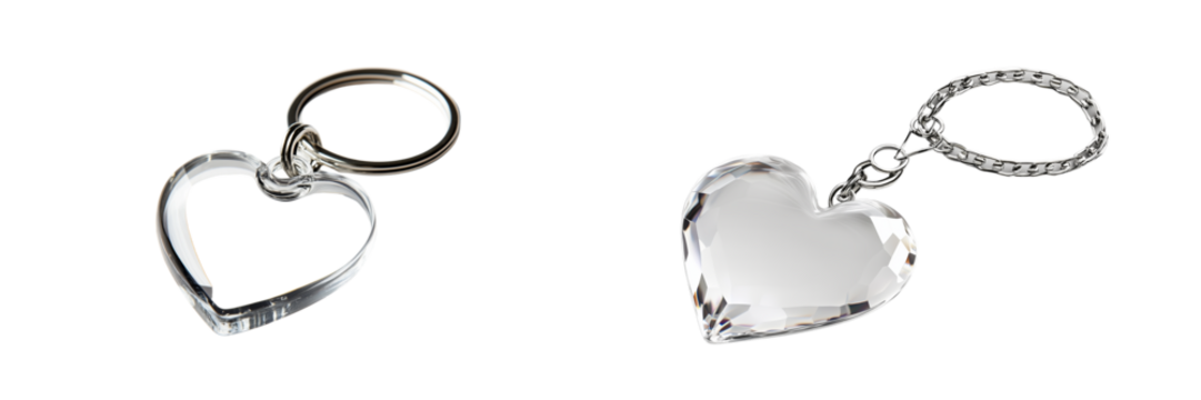Set of a acrylic heart-shaped keychain, isolated on transparent background.